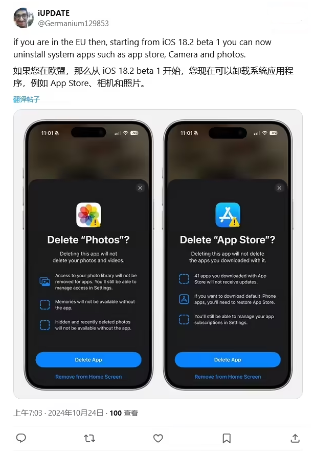 交口苹果手机维修分享iOS 18.2 支持删除 App Store 应用商店 