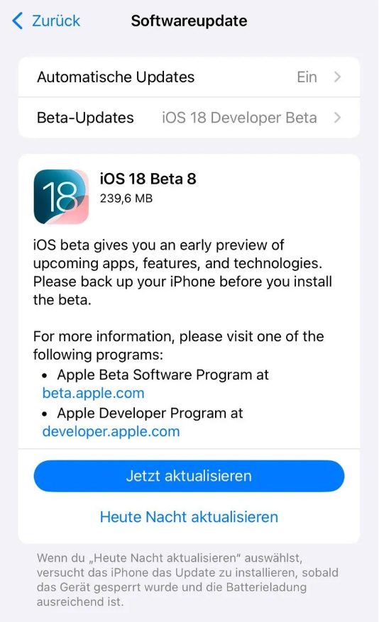交口苹果手机维修分享苹果 iOS / iPadOS 18 开发者预览版 Beta 8 发布 